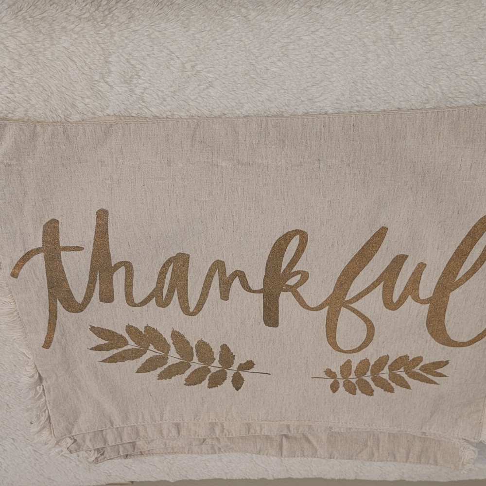 Thankful Placemats Set of 4 Beige and Gold Fringe Trim  EUC